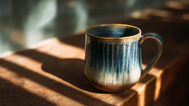 coffee, cup, ceramic, mug, sunlight, wood, table, coffee cup, texture, shadows, morning, cozy, calm, soft light, handmade, brown, blue, glaze, pottery, craft, detail. Product photography for Etsy UK sellers: how to plan six images