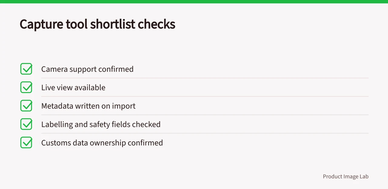 Checklist of five capture and tethering tool requirements (How to choose product photography best tools for an ecommerce studio)